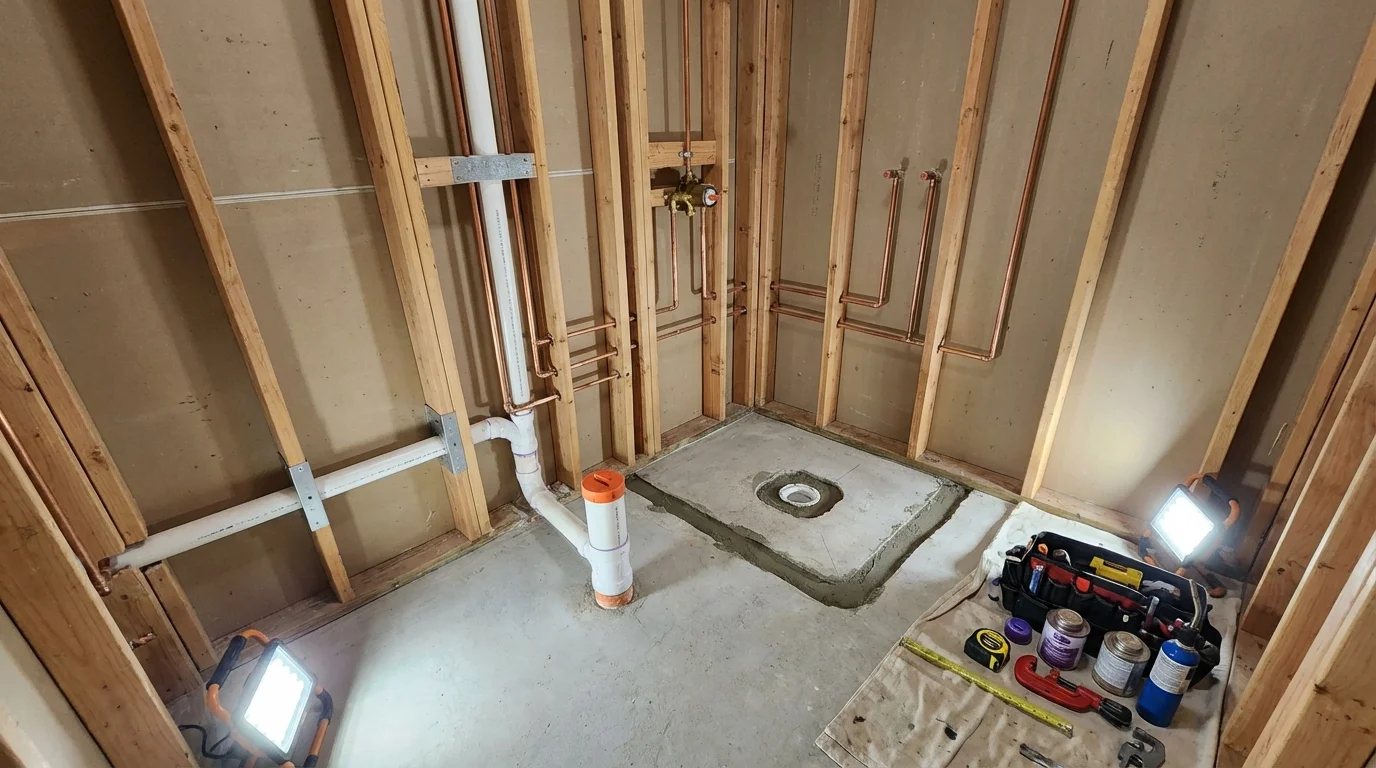 Bathroom rough-in plumbing during remodel by Johns Plumbing LLC in Duncannon
