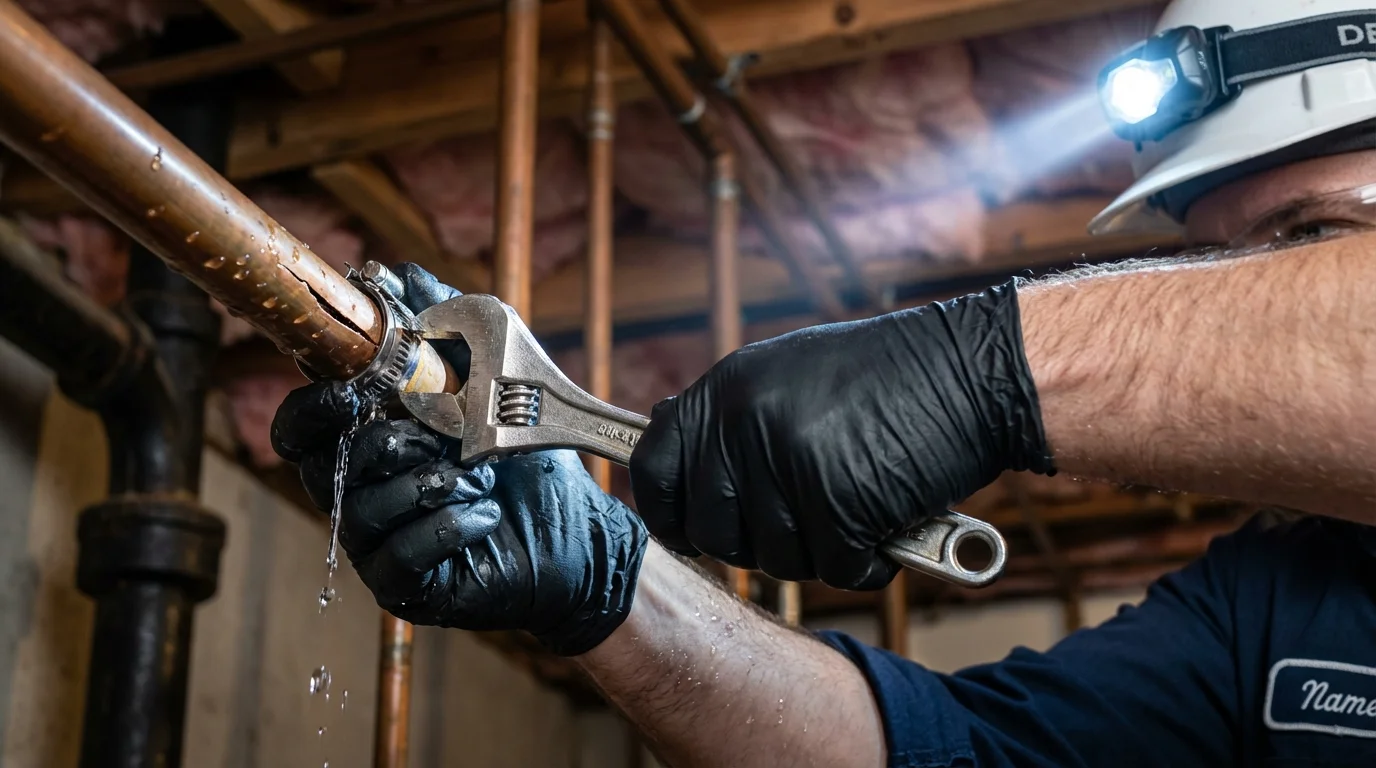 Emergency pipe clamp repair being performed by a Johns Plumbing LLC plumber in Duncannon
