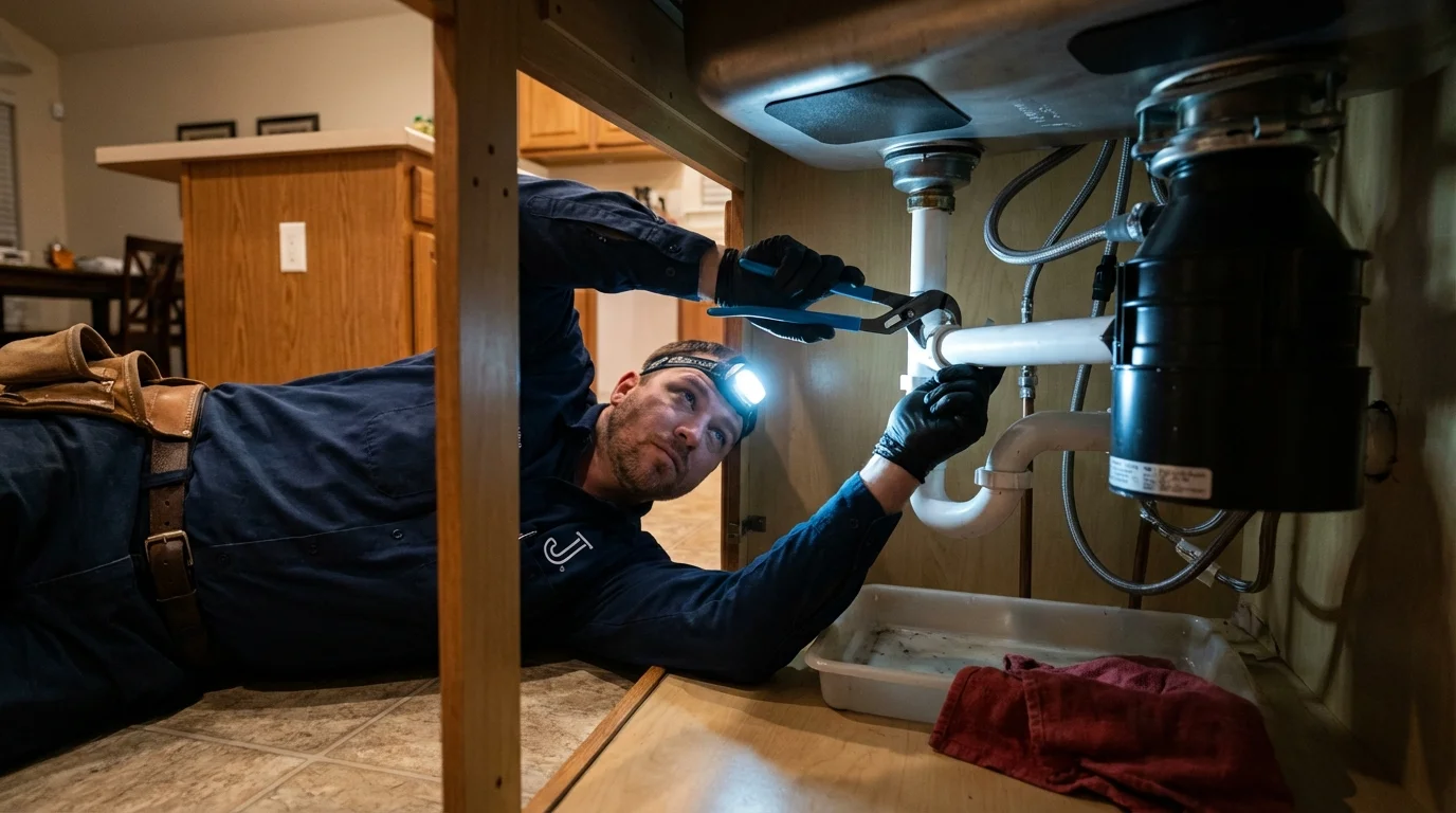 P-trap and supply line connections under a kitchen sink showing a common leak point in Duncannon, PA